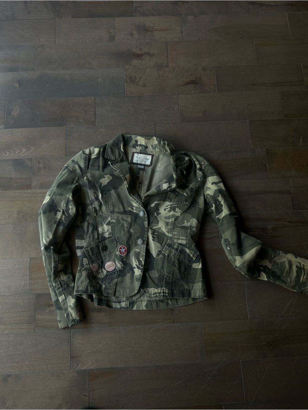 Camo Button-Front Military Jacket with Patch Details